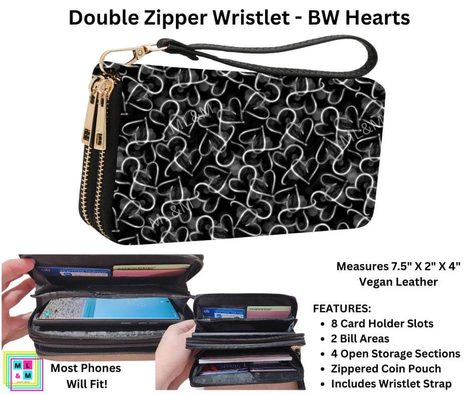 BW Hearts Double Zipper Wristlet
