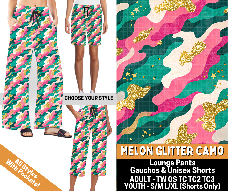 Preorder! Closes 6/1. ETA Sept. Melon Glitter Camo Combo Lounge Lengths