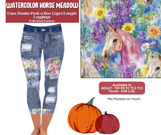 Preorder! Closes 6/30. ETA Sept. Watercolor Horse Meadow Capri Faux Denim Peekaboo