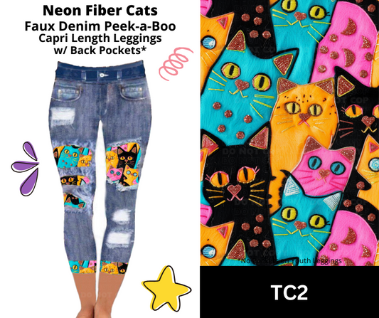 Neon Fiber Cats Capri Faux Denim Peekaboo