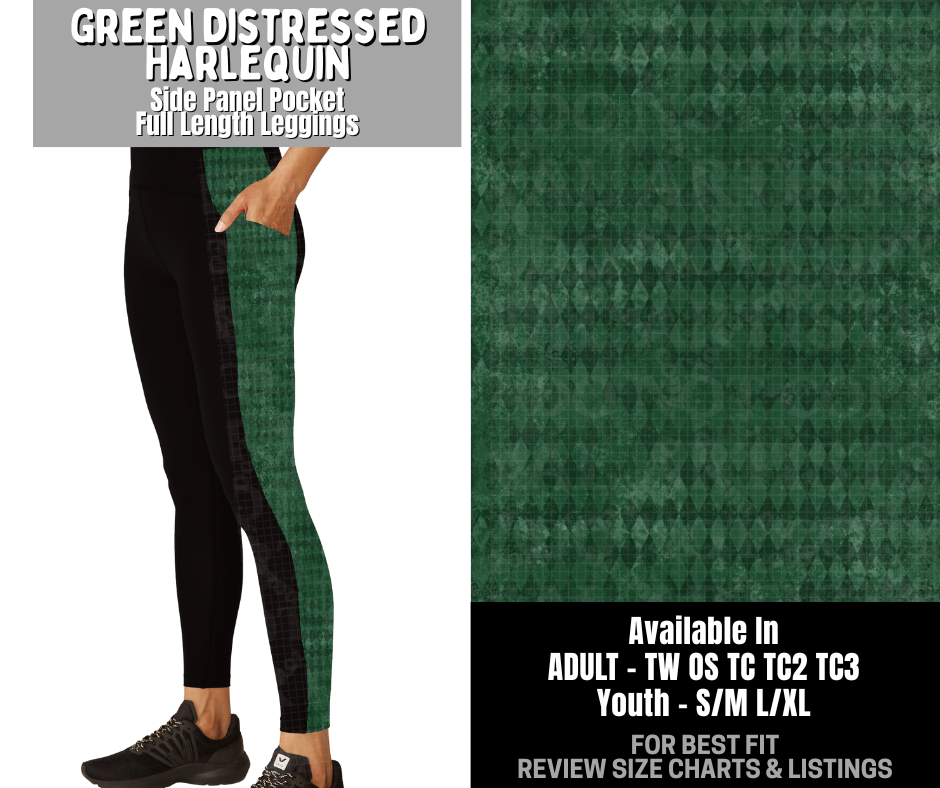 Preorder! Closes 12/3. ETA Feb. Green Distressed Harlequin Side Panel Pocket Full Length Leggings