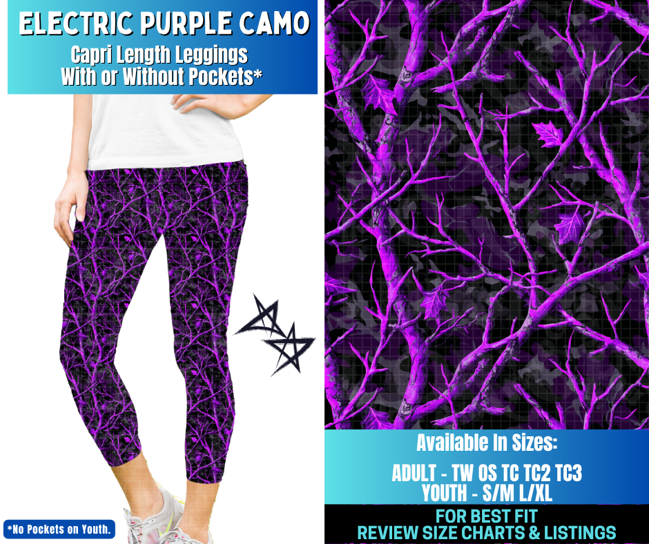 Preorder! Closes 12/17. ETA March. Electric Purple Camo Capri Length Leggings w/wo Pockets