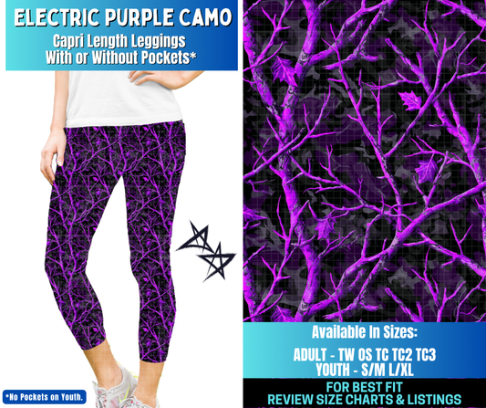 Preorder! Closes 12/17. ETA March. Electric Purple Camo Capri Length Leggings w/wo Pockets