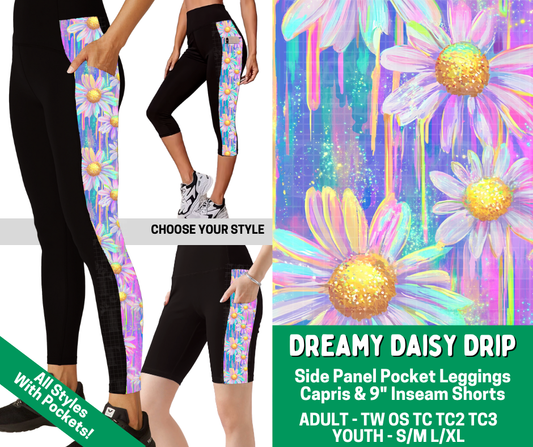 Preorder! Closes 2/18. ETA May. Dreamy Daisy Drip Combo Side Panel Legging Lengths