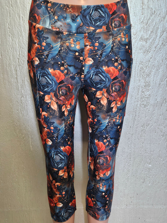 Navy Orange Flowers capri leggings and skorts with pockets