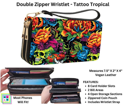 Tattoo Tropical Double Zipper Wristlet