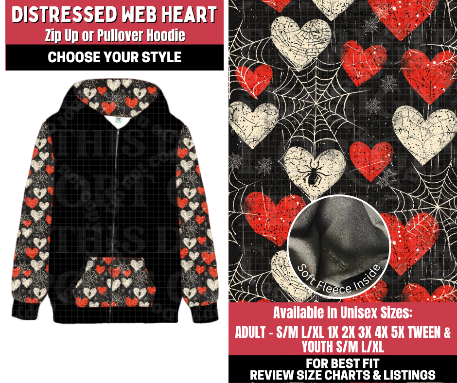 Preorder! Closes 11/13. ETA Jan. Distressed Web Heart Zip-Up or Pullover Hoodie