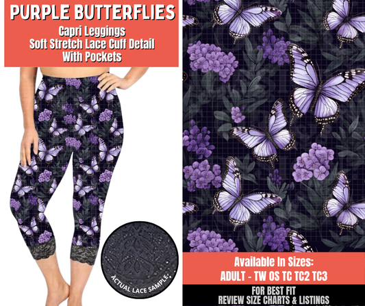 Preorder! Closes 5/18. ETA Aug. Purple Butterflies Lace Cuff Capris w/ Pockets