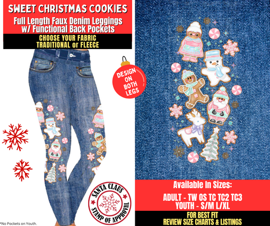 Preorder! Closes 8/27. ETA Nov. Sweet Christmas Cookies Faux Denim Leggings w/ Side Leg Designs Choose Fleece or Traditional