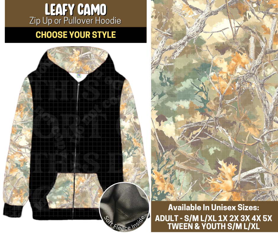 Preorder! Closes 9/12. ETA Dec. Leafy Camo Zip-Up or Pullover Hoodie