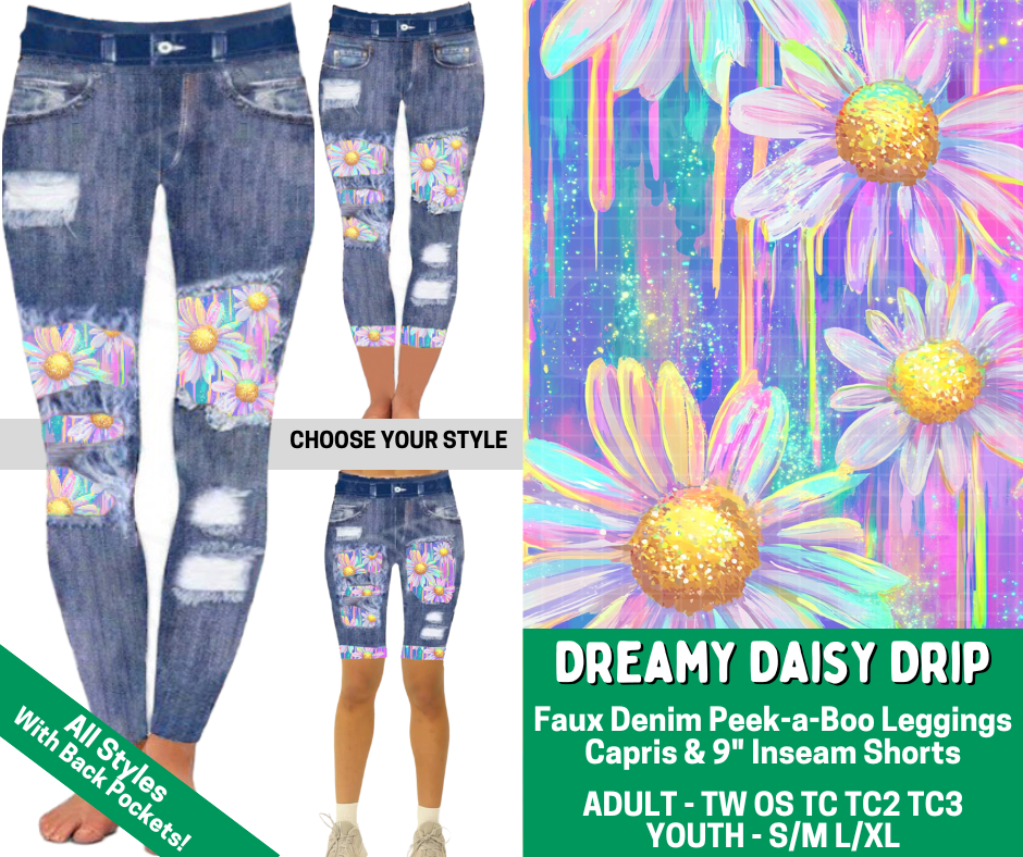 Preorder! Closes 2/18. ETA May. Dreamy Daisy Drip Combo Faux Denim Peekaboo Legging Lengths