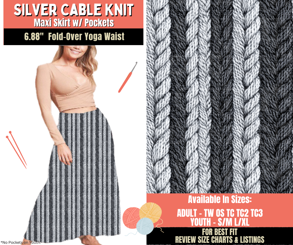 Preorder! Closes 10/1. ETA Dec. Silver Cable Knit Maxi Skirt