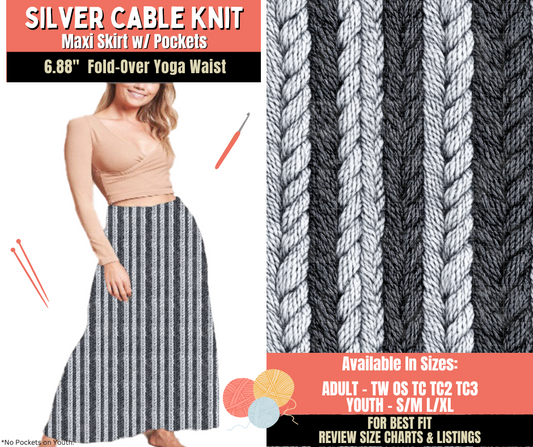 Preorder! Closes 10/1. ETA Dec. Silver Cable Knit Maxi Skirt