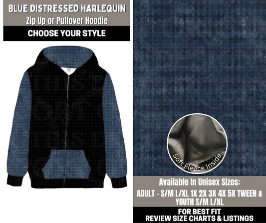 Preorder! Closes 12/1. ETA Feb. Blue Distressed Harlequin Zip-Up or Pullover Hoodie