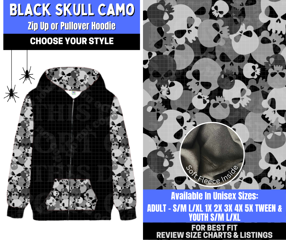 Preorder! Closes 1/26. ETA April. Black Skull Camo Zip-Up or Pullover Hoodie