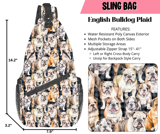 Preorder! Closes 9/17. ETA Dec. English Bulldog Plaid Sling Bag