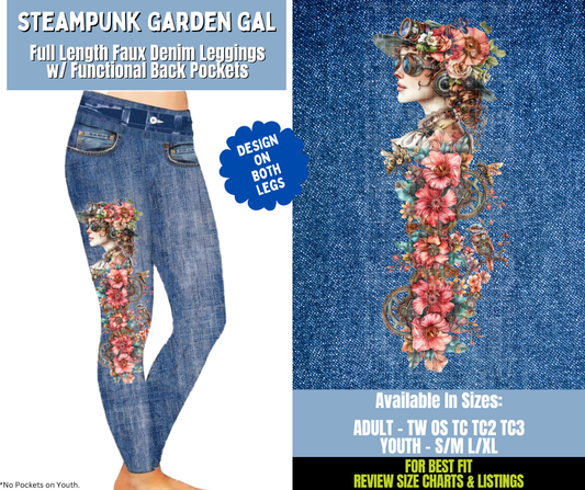 Preorder! Closes 12/15. ETA March. Steampunk Garden Gal Full Length Faux Denim w/ Side Leg Designs