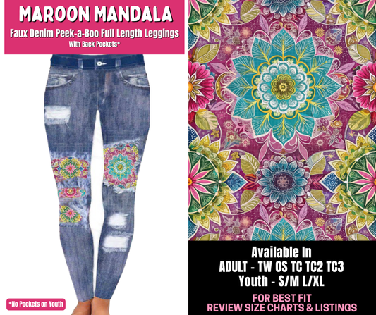 Preorder! Closes 1/1. ETA March. Maroon Mandala Full Length Faux Denim Peekaboo