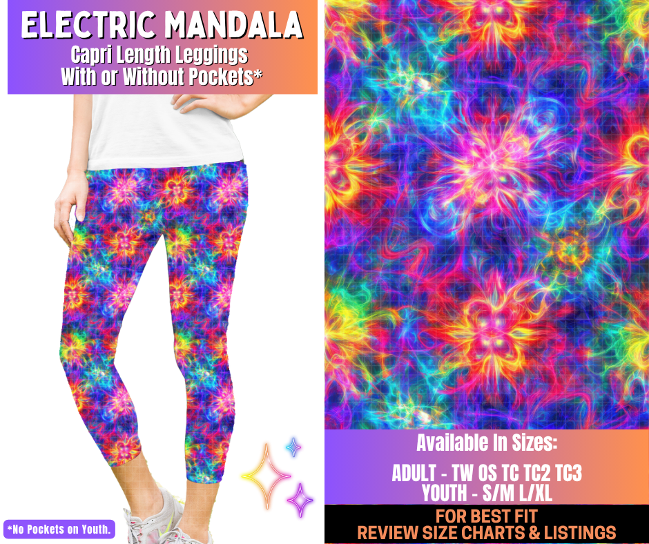 Preorder! Closes 12/10. ETA March. Electric Mandala Capri Length Leggings w/wo Pockets