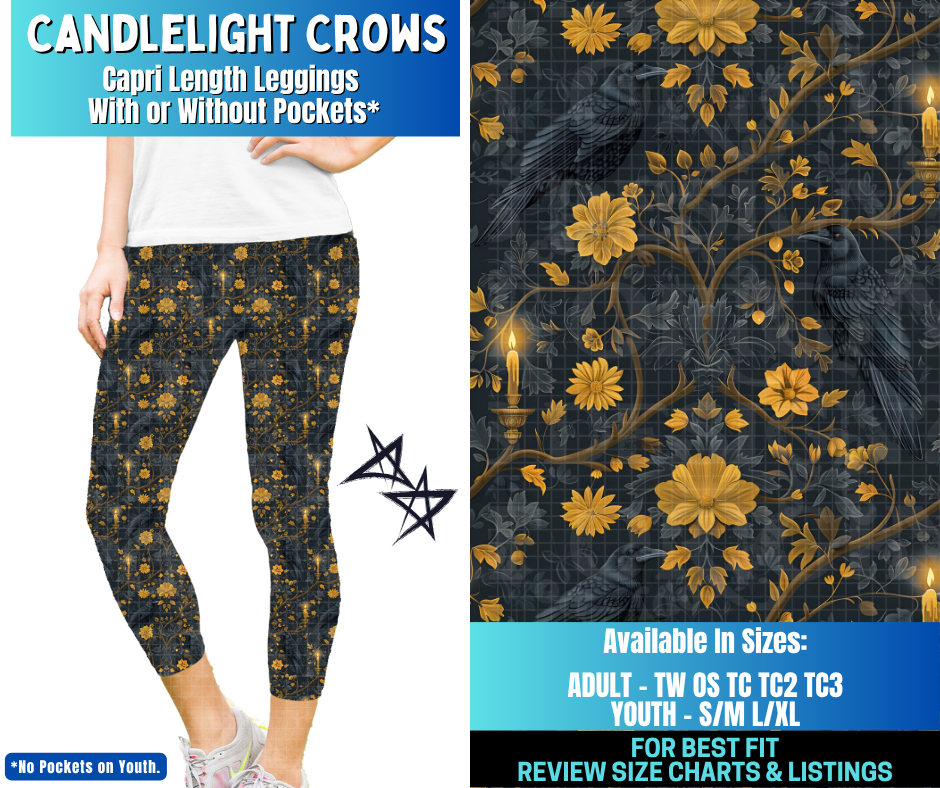 Preorder! Closes 12/17. ETA March. Candlelight Crows Capri Length Leggings w/wo Pockets