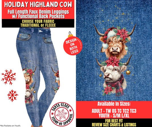 Preorder! Closes 8/27. ETA Nov. Holiday Highland Cow Faux Denim Leggings w/ Side Leg Designs Choose Fleece or Traditional