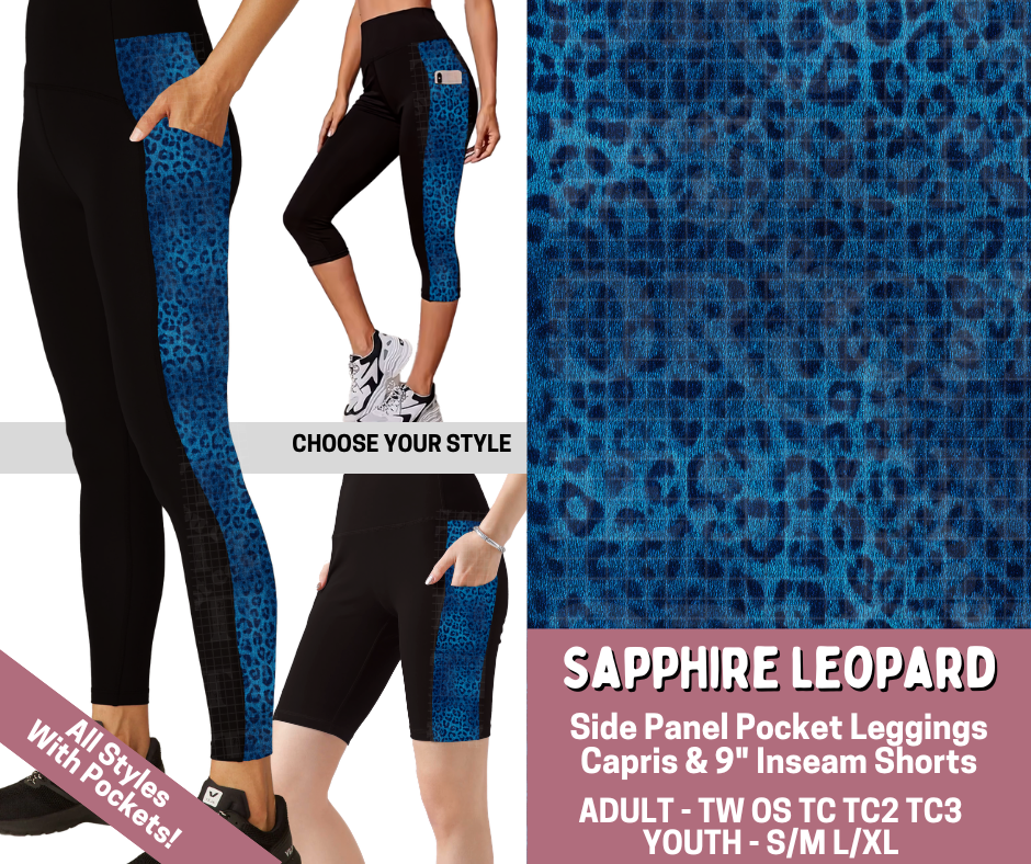 Preorder! Closes 6/4. ETA Sept. Sapphire Leopard Combo Side Panel Legging Lengths