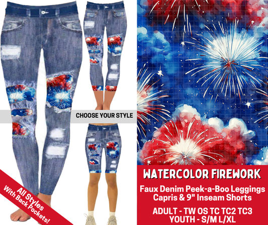 Preorder! Closes 3/19. ETA June. Watercolor Firework Combo Faux Denim Peekaboo Legging Lengths
