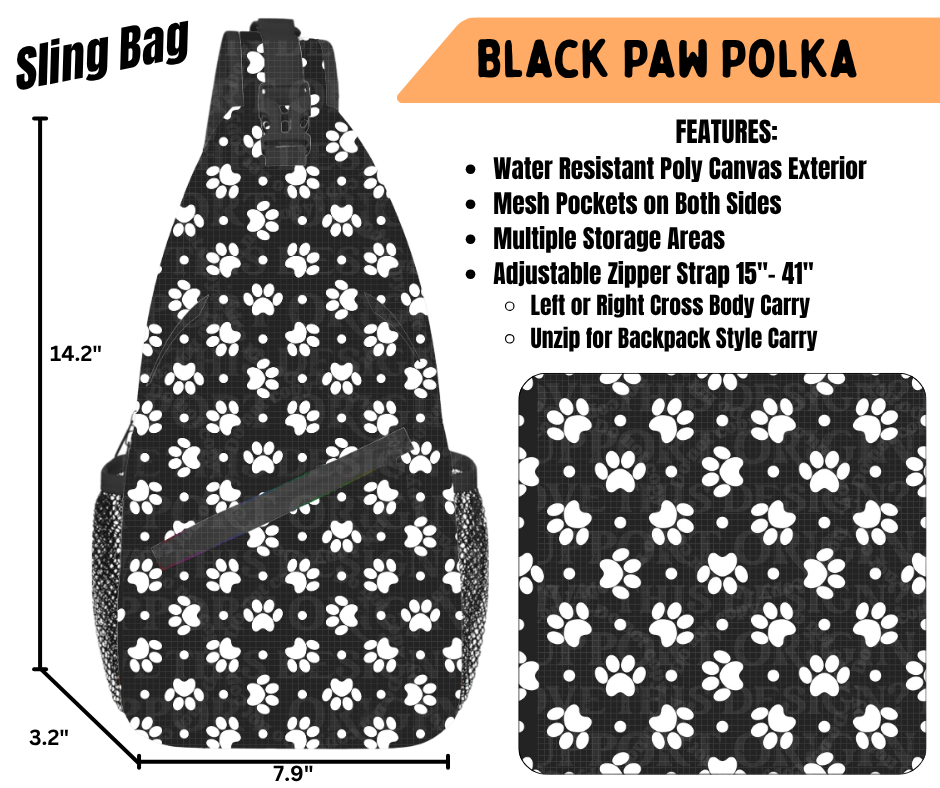 Preorder! Closes 6/22. ETA Sept. Black Paw Polka Sling Bag