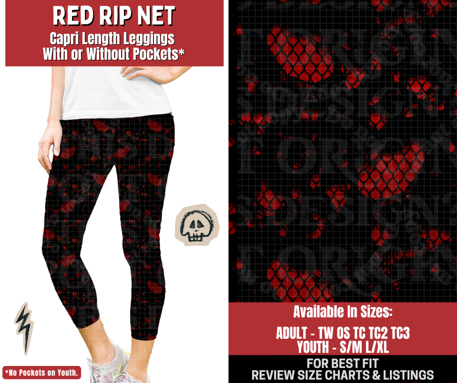 Preorder! Closes 12/22. ETA March. Red Rip Net Capri Length Leggings w/wo Pockets