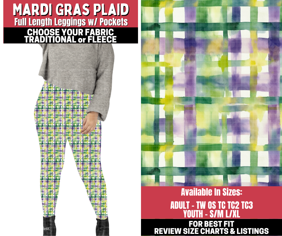 Preorder! Closes 11/13. ETA Jan. Mardi Gras Plaid Leggings Choose Fleece or Traditional