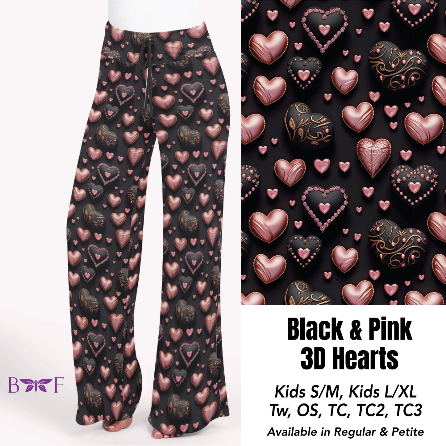 Black & Pink 3D hearts leggings with pockets