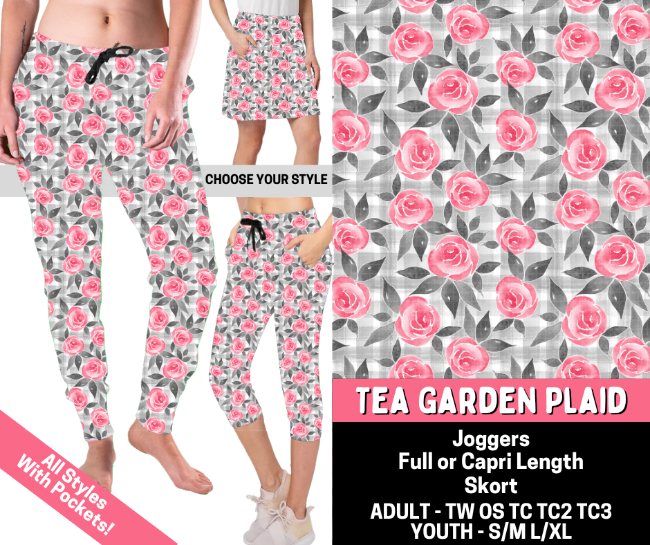 Preorder! Closes 5/28. ETA Aug. Tea Garden Plaid Combo Jogger Lengths & Skort