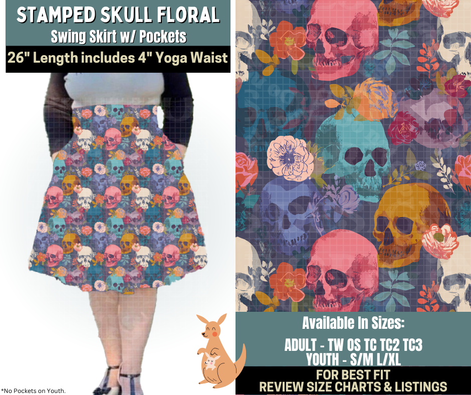 Preorder! Closes 10/2. ETA Dec. Stamped Skull Floral Swing Skirt