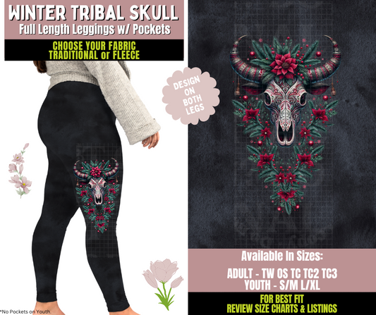 Preorder! Closes 10/8. ETA Dec. Winter Tribal Skull Watercolor Leggings w/ Side Leg Designs Choose Fleece or Traditional