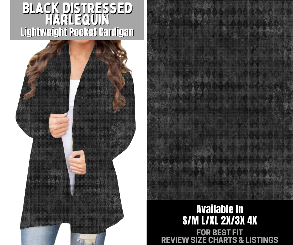 Preorder! Closes 12/3. ETA Feb. Black Distressed Harlequin Pocket Cardigan