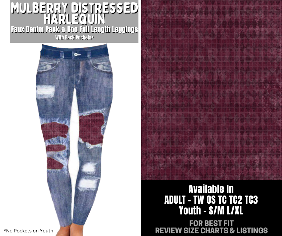 Preorder! Closes 12/3. ETA Feb. Mulberry Distressed Harlequin Full Length Faux Denim Peekaboo