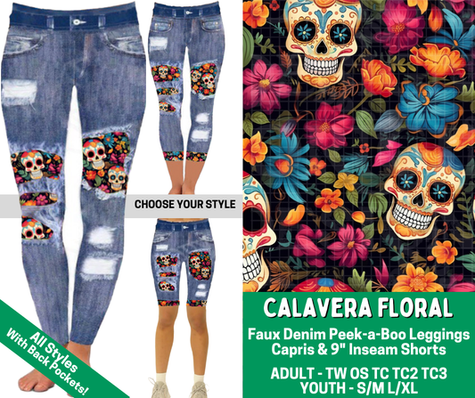 Preorder! Closes 2/18. ETA May. Calavera Floral Combo Faux Denim Peekaboo Legging Lengths