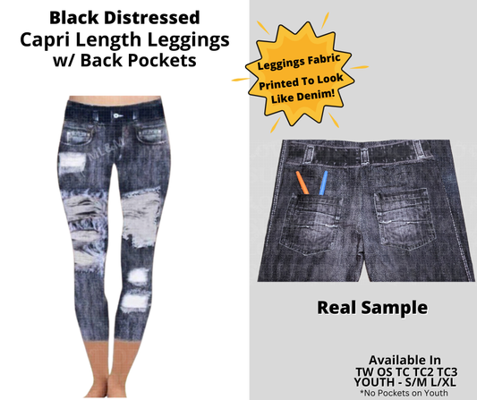Preorder! Closes 12/24. ETA March. Black Distressed Capri Faux Denim