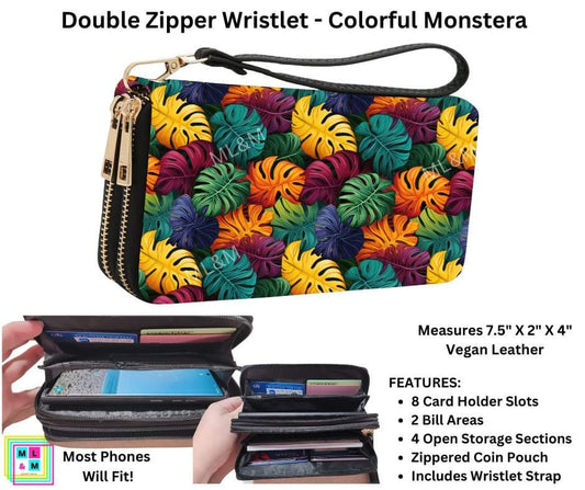 Colorful Monstera Double Zipper Wristlet