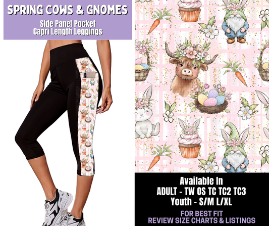 Preorder! Closes 1/22. ETA April. Spring Cows & Gnomes Side Panel Pocket Capri Length Leggings