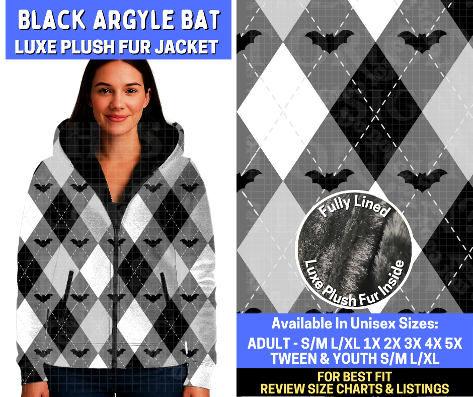 Preorder! Closes 10/20. ETA Jan. Black Argyle Bat Luxe Fur Jacket