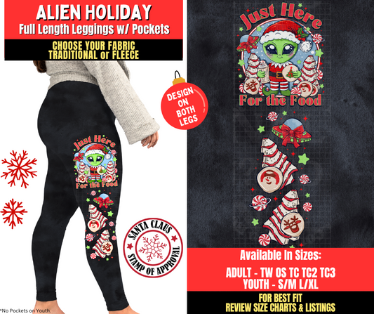 Preorder! Closes 8/27. ETA Nov. Alien Holiday Watercolor Leggings w/ Side Leg Designs Choose Fleece or Traditional
