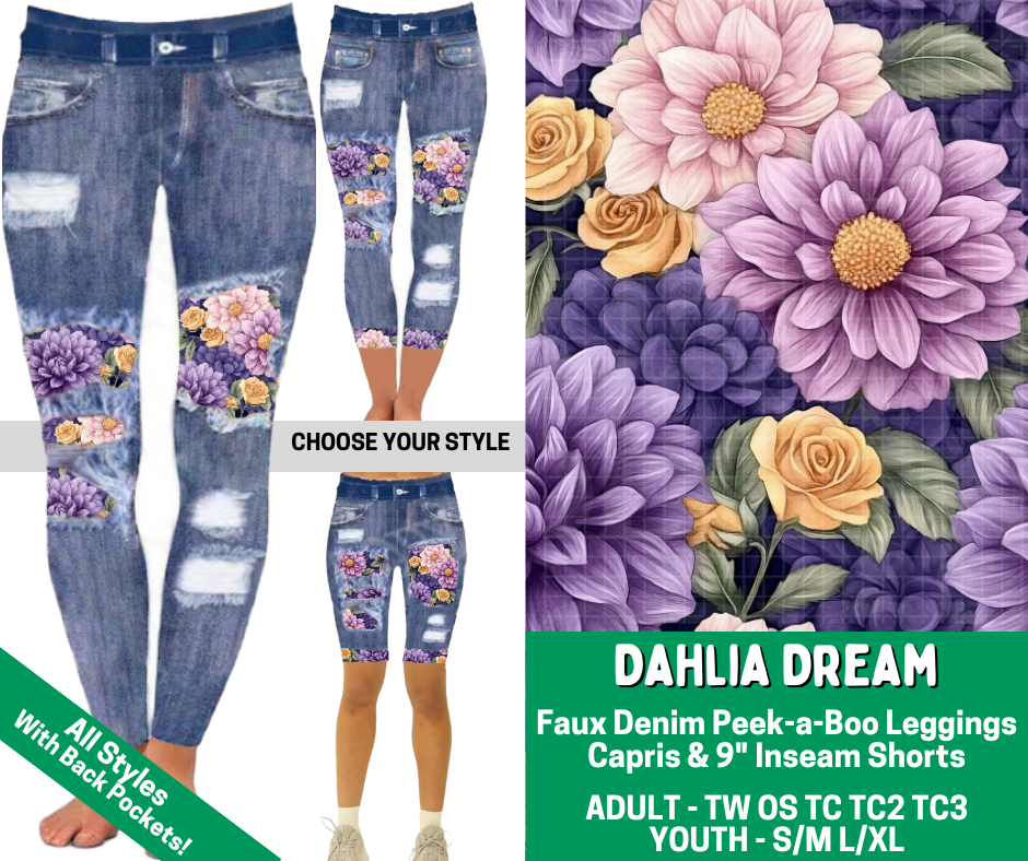 Preorder! Closes 2/18. ETA May. Dahlia Dream Combo Faux Denim Peekaboo Legging Lengths