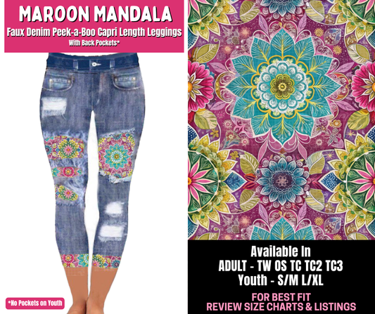 Preorder! Closes 1/1. ETA March. Maroon Mandala Capri Faux Denim Peekaboo