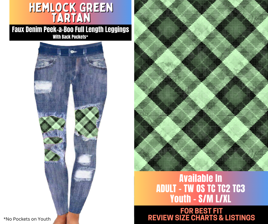 Preorder! Closes 10/15. ETA Jan. Hemlock Green Tartan Full Length Faux Denim Peekaboo