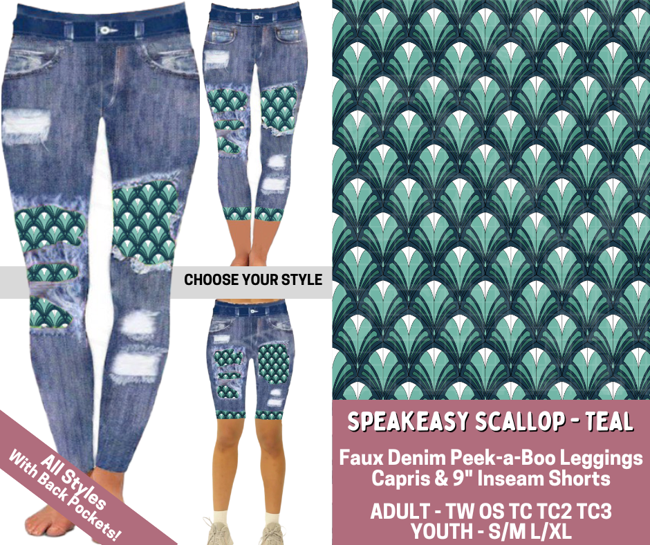 Preorder! Closes 6/4. ETA Sept. Speakeasy Scallop- Teal Combo Faux Denim Peekaboo Legging Lengths