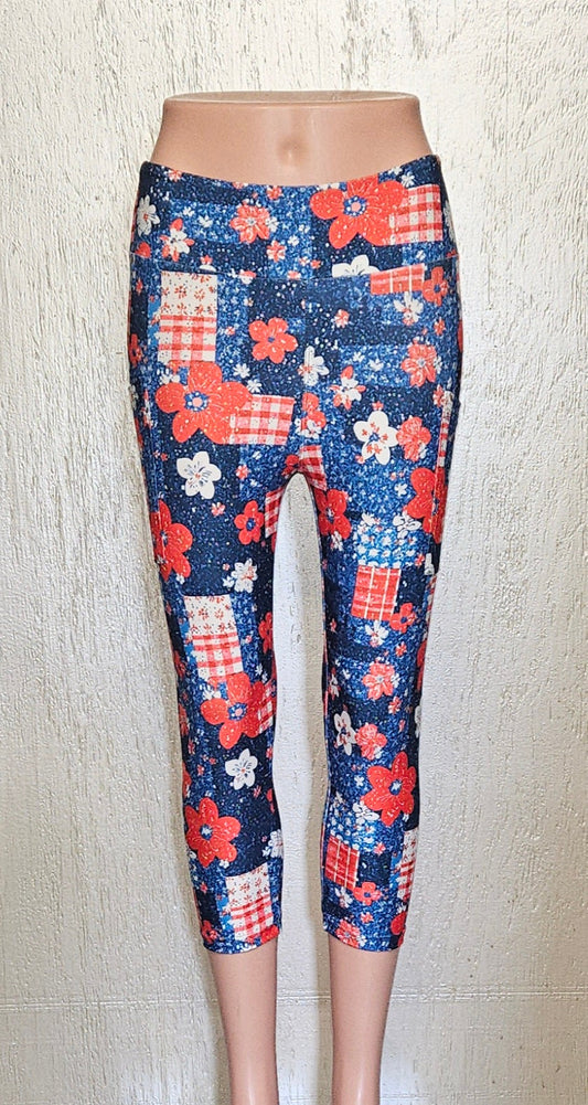White, Red, Blue Flowers skort and capris with pockets