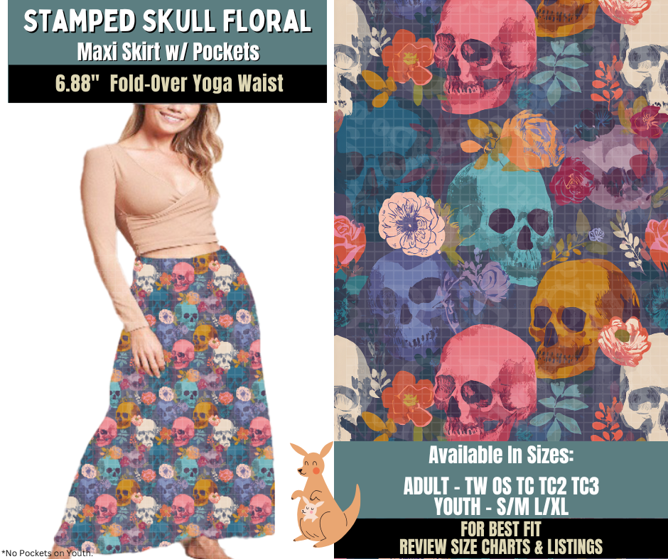 Preorder! Closes 10/2. ETA Dec. Stamped Skull Floral Maxi Skirt