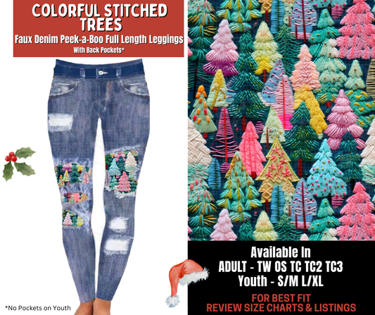Preorder! Closes 9/24. ETA Dec. Colorful Stitched Trees Full Length Faux Denim Peekaboo