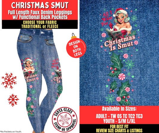 Preorder! Closes 8/27. ETA Nov. Christmas Smut Faux Denim Leggings w/ Side Leg Designs Choose Fleece or Traditional